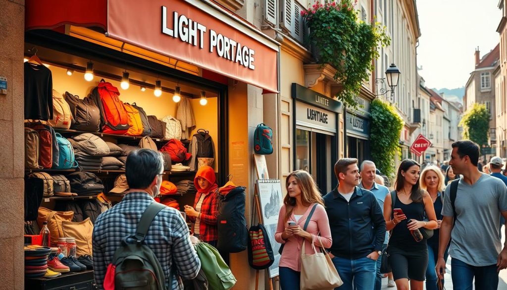 A bustling French marketplace, with people strolling by LIGHT PORTAGE's vibrant storefront. The sun casts a warm glow, illuminating the array of products on display. In the foreground, potential customers examine the high-quality outdoor gear, considering their next adventure. In the middle ground, a diverse group of shoppers converse, gesticulating as they discuss their needs. The background features a charming street scene, with quaint buildings and a touch of greenery, creating a welcoming atmosphere. The overall mood is one of active engagement, as the LIGHT PORTAGE brand entices potential clients to explore their offerings.