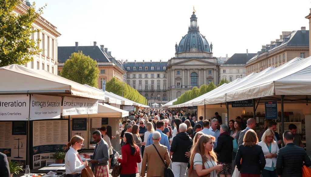 A bustling French open-air market, the "Marché Portage Salarial", showcases the thriving temporary employment industry. In the foreground, stalls display a diverse range of professional services, from accounting to IT, with knowledgeable representatives engaging with prospective clients. The middle ground reveals a lively crowd of job seekers and entrepreneurs, discussing opportunities and exchanging business cards under the warm glow of the sun. In the background, the iconic architecture of the historic city center provides a picturesque backdrop, reflecting the blend of tradition and innovation that defines the Umalis Group's "Portage Salarial" market.