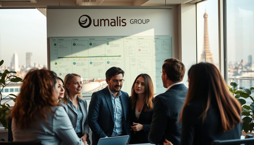 A bustling Parisian office, the Umalis Group logo prominently displayed. In the foreground, a team of transition managers deep in discussion, their expressions focused and collaborative. The middle ground reveals a whiteboard filled with project timelines and key milestones, reflecting the expertise and support they provide. The background showcases the iconic Parisian skyline, hinting at the regional nature of their work. Warm, natural lighting bathes the scene, creating a productive and professional atmosphere. The overall composition conveys the Umalis Group's role in managing transitions and delivering exceptional results for their clients in the Paris region. A bustling Parisian office, the Umalis Group logo prominently displayed. In the foreground, a team of transition managers deep in discussion, their expressions focused and collaborative. The middle ground reveals a whiteboard filled with project timelines and key milestones, reflecting the expertise and support they provide. The background showcases the iconic Parisian skyline, hinting at the regional nature of their work. Warm, natural lighting bathes the scene, creating a productive and professional atmosphere. The overall composition conveys the Umalis Group's role in managing transitions and delivering exceptional results for their clients in the Paris region.
