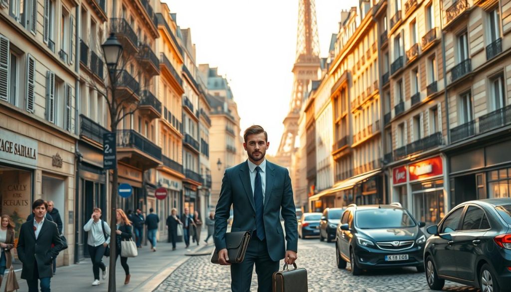 A bustling Parisian street scene, with pedestrians bustling along the sidewalks and traffic flowing through the cobblestone streets. In the foreground, a well-dressed individual stands before a small office, a briefcase in hand, signifying the cross-border nature of the "portage salarial" payment method. The middle ground features a mix of traditional French architecture and modern office buildings, capturing the blend of old and new in the city. Warm, golden lighting filters through the scene, creating a sense of sophistication and professionalism. The background is filled with the iconic Parisian landmarks, such as the Eiffel Tower, lending an air of authenticity to the setting. The overall composition conveys the importance and complexity of the "portage salarial" system within the French business landscape.