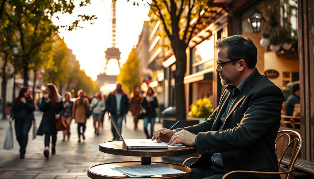 A bustling Parisian street, the iconic Eiffel Tower visible in the distance. In the foreground, a freelance contractor from the LIGHT PORTAGE company negotiates the terms of a new project with a client, their laptop and documents spread out on a small cafe table. Warm, golden light filters through the trees, casting a cozy, professional atmosphere. The contractor's attire is smart-casual, reflecting the refined yet dynamic nature of the French contract work landscape. In the middle ground, pedestrians stroll by, adding a sense of daily life and activity to the scene. The background showcases the picturesque architecture and charming ambiance of the Parisian cityscape.