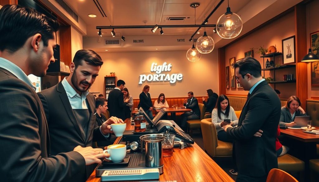 A bustling café interior with warm lighting and a inviting atmosphere. In the foreground, a barista is expertly crafting a latte for a well-dressed customer, their interaction conveying a sense of personal connection. In the middle ground, several patrons are engaged in animated discussions, some using laptops or tablets, hinting at the café's role as a productive workspace. The background features the Light Portage brand prominently displayed, alongside cozy seating areas and artfully arranged decor that create an atmosphere of community and camaraderie. The overall scene communicates the idea of loyal, engaged customers who see the café as an extension of their professional and social lives.