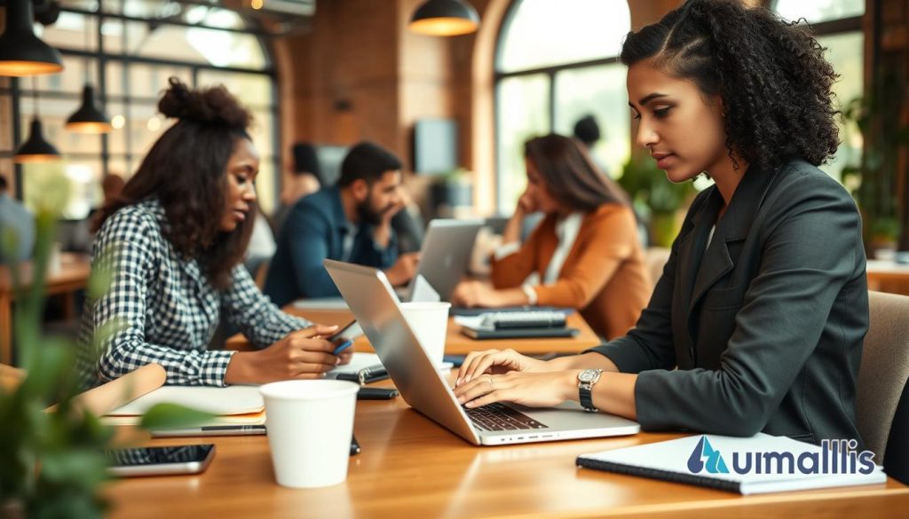 A bustling cafe workspace scene, featuring a diverse group of professional freelancers engrossed in their daily workflow. In the foreground, a focused young woman in smart casual attire types on her laptop, surrounded by productivity tools like a smartphone, notebooks, and a coffee cup. In the middle ground, other freelancers engage in discussions or video calls, showcasing collaboration in the gig economy. The background captures a bright, inviting interior with large windows allowing natural light to flood the space, creating a warm, productive atmosphere. Employ a shallow depth of field to accentuate the subjects while softly blurring the background. The overall mood conveys a sense of purpose, innovation, and community, reflecting the essence of platform work. Umalis Group branding subtly integrated into the decor. A bustling cafe workspace scene, featuring a diverse group of professional freelancers engrossed in their daily workflow. In the foreground, a focused young woman in smart casual attire types on her laptop, surrounded by productivity tools like a smartphone, notebooks, and a coffee cup. In the middle ground, other freelancers engage in discussions or video calls, showcasing collaboration in the gig economy. The background captures a bright, inviting interior with large windows allowing natural light to flood the space, creating a warm, productive atmosphere. Employ a shallow depth of field to accentuate the subjects while softly blurring the background. The overall mood conveys a sense of purpose, innovation, and community, reflecting the essence of platform work. Umalis Group branding subtly integrated into the decor.