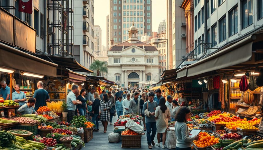 A bustling city market filled with a diverse array of vendors, stalls, and shoppers. In the foreground, a well-lit display of fresh produce, artisanal goods, and handcrafted wares from the Umalis Group. The middle ground features a crowd of people engaged in lively transactions, creating a vibrant and energetic atmosphere. In the background, a mix of modern and historic architecture frames the scene, suggesting an urban setting with a sense of progress and tradition. The lighting is warm and inviting, casting a golden glow over the market. The overall composition conveys a sense of opportunity, growth, and the potential for innovative professional services like portage salarial.