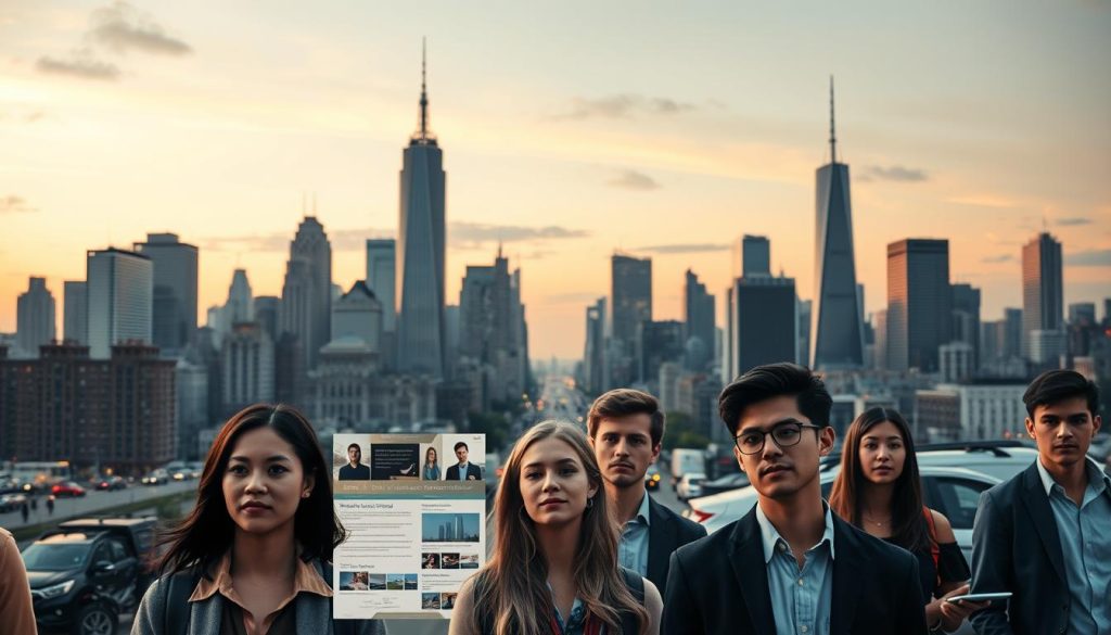 A bustling city skyline at dusk, with towering skyscrapers casting long shadows across the streets below. In the foreground, a group of young professionals, dressed in business attire, navigate the challenges of the job market, their expressions reflecting a mix of determination and uncertainty. The middle ground features a collage of job postings, recruitment ads, and networking events, all vying for the attention of the eager graduates. In the background, the Umalis Group logo stands tall, symbolizing the promise of a secure and flexible career path for the next generation. Soft, warm lighting illuminates the scene, creating a sense of hope and optimism amidst the hustle and bustle of the urban landscape.