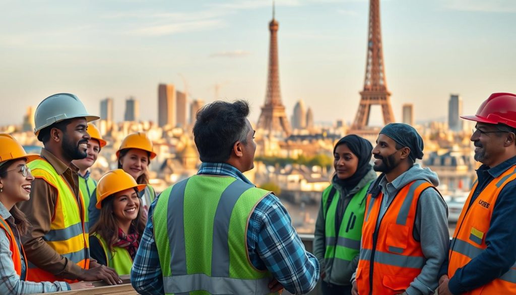 A bustling city skyline in Paris, France, with a diverse workforce of local and international laborers constructing new buildings. In the foreground, a group of smiling workers from various backgrounds collaborate on a construction site, their hard hats and safety vests reflecting the warm afternoon sun. In the middle ground, a government official is speaking to a group of foreign workers, gesturing towards the city's development as a sign of the country's support for their employment. In the background, the iconic Eiffel Tower stands tall, symbolic of France's openness to the global workforce. The scene conveys a sense of harmony, progress, and the French government's commitment to welcoming and supporting foreign labor.