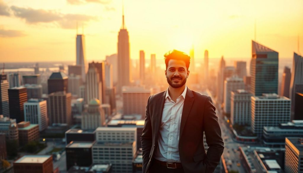 A bustling city skyline set against a warm, golden sunset. In the foreground, a well-dressed individual stands confidently, their successful portage salarial business venture on display. The middle ground features a diverse array of professionals, each representing a different industry - from tech startups to creative agencies, all thriving under the portage salarial model. The background showcases the vibrant energy of the city, with skyscrapers, bustling streets, and a sense of opportunity and innovation. Soft, directional lighting illuminates the scene, creating a sense of aspirational success and financial security. The overall composition conveys the versatility and potential of the portage salarial system, inspiring others to explore this empowering employment model.