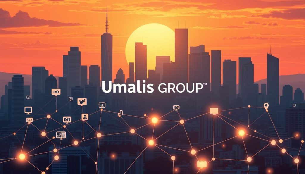 A bustling city skyline, silhouetted against a vibrant sunset. In the foreground, a network of digital channels - social media platforms, video streaming services, and online publications - converge, symbolizing the diversification of content distribution. Amidst the digital landscape, the Umalis Group logo shines, representing a forward-thinking company guiding businesses through the evolving content landscape. The scene is bathed in warm, golden light, conveying a sense of progress and opportunity. Subtle lens flare and a cinematic depth of field add to the dynamic, forward-looking atmosphere.