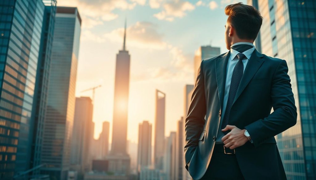A bustling city skyline with modern high-rise buildings, reflecting the financial security and independence of the Umalis Group's innovative "portage salarial" solution. In the foreground, a well-dressed professional stands confidently, symbolizing the autonomy and protection provided by this employment model. Warm, golden lighting illuminates the scene, conveying a sense of prosperity and opportunity. The image captures the dynamism and empowerment of independent professionals navigating the modern workforce with the support of Umalis Group's tailored services.