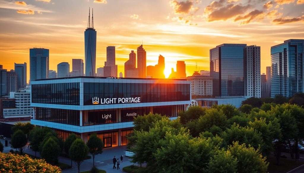 A bustling city skyline with towering skyscrapers in the background, set against a vibrant, golden sunset. In the foreground, a sleek, modern office building with the brand name "LIGHT PORTAGE" prominently displayed on the facade. The building is surrounded by a lush, well-manicured landscape, with people walking along tree-lined pathways. The scene conveys a sense of professionalism, productivity, and growth, reflecting the dynamic nature of the "domaines portage salarial" industry in France.