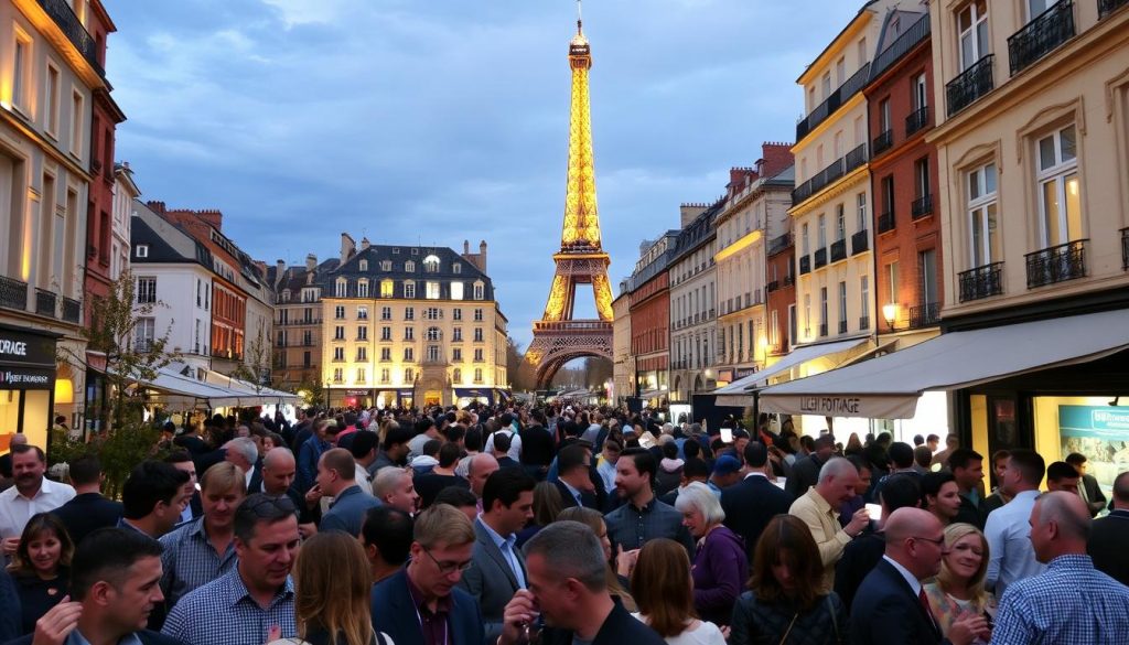 A bustling city square in the heart of France, where locals and visitors alike gather to discover the latest networking events. The LIGHT PORTAGE signage illuminates the scene, casting a warm glow over the vibrant crowd. In the foreground, people mingle and exchange business cards, their expressions animated with anticipation. The middle ground features a mix of traditional French architecture and modern event venues, hinting at the diverse event offerings. In the background, the iconic Eiffel Tower stands tall, a symbol of France's rich cultural heritage. The atmosphere is one of excitement and opportunity, inviting attendees to dive into the thriving professional community.