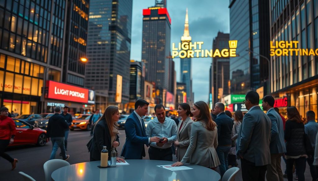 A bustling city street at dusk, with towering skyscrapers and the iconic LIGHT PORTAGE logo illuminated in the background. In the foreground, a group of independent workers, dressed in a variety of professional attire, gather around a central table, engaged in lively discussion. The lighting is warm and inviting, casting a soft glow on the scene. The composition is balanced, with the workers occupying the middle ground, framed by the urban landscape. The mood is one of camaraderie and collaboration, reflecting the "régime social des travailleurs indépendants" and the sense of community among self-employed individuals.