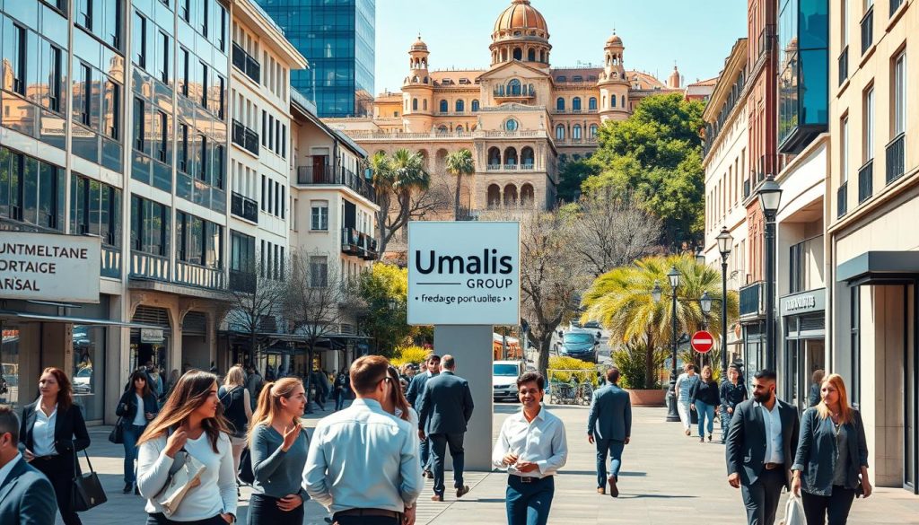 A bustling city street in Montpellier, France, with modern buildings and a lively atmosphere. In the foreground, a group of professionals in business attire are gathered, discussing potential freelance opportunities. The middle ground features a prominent sign for "Umalis Group", a leading provider of portage salarial services. In the background, the iconic architecture of Montpellier's historic district provides a picturesque backdrop. Warm, natural lighting illuminates the scene, creating a sense of productivity and opportunity. The image conveys the vibrant professional landscape of Montpellier's portage salarial industry.