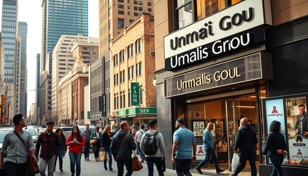 A bustling city street, with the Umalis Group storefront prominently displayed in the foreground. Customers eagerly enter and exit the store, their movements captured in a dynamic, photorealistic scene. The storefront's signage and displays showcase its local SEO presence, drawing in a steady stream of foot traffic. The middle ground features pedestrians and vehicles, hinting at the vibrant neighborhood. In the background, a mix of modern and historic buildings creates a sense of place, conveying the local community's character. Warm, natural lighting illuminates the scene, casting subtle shadows and highlights that enhance the realistic atmosphere. The overall composition emphasizes the impact of effective local SEO on driving store traffic and customer engagement.