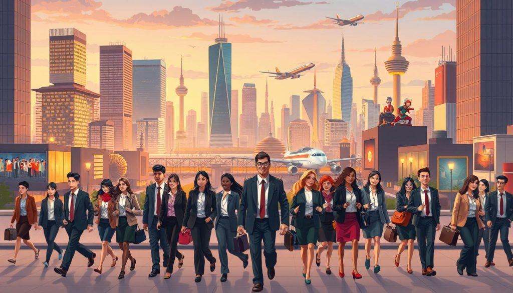 A bustling cityscape at dusk, with skyscrapers and modern architecture illuminated by warm, golden light. In the foreground, a diverse group of professionals in business attire stride purposefully, representing the global nature of the international job market. In the middle ground, transportation hubs like airports and train stations suggest the ease of travel and connectivity between nations. The background features national landmarks and cultural symbols, hinting at the wealth of opportunities available across the world. The scene conveys a sense of opportunity, ambition, and the boundless potential of an international career.