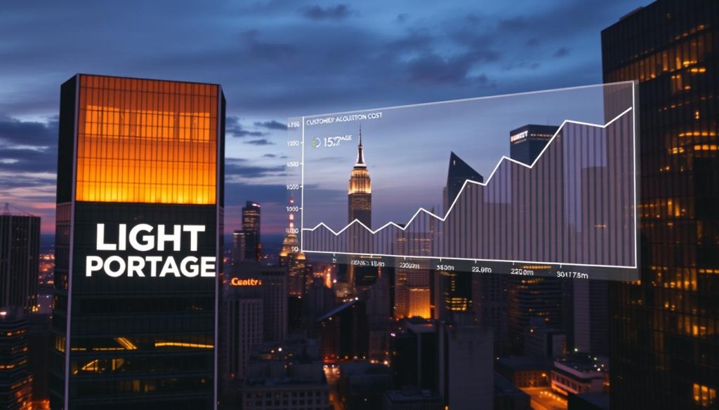 A bustling cityscape at dusk, with towering skyscrapers and a sense of energy and progress. In the foreground, a LIGHT PORTAGE logo illuminates a sleek, modern office building, highlighting the company's presence and success. The midground features a graph or chart visualizing customer acquisition cost data, projected against the backdrop of the urban landscape. The image conveys a sense of business growth, analytics, and strategic decision-making. Warm lighting casts a soft glow, creating an atmosphere of professionalism and achievement.