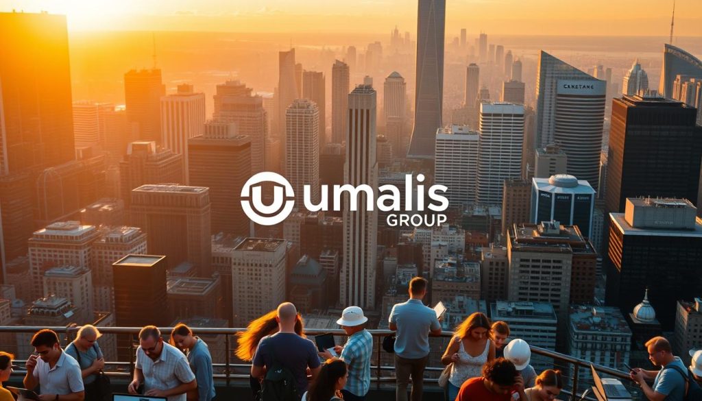 A bustling cityscape bathed in the warm glow of the sun, showcasing the evolving landscape of the gig economy. In the foreground, a diverse array of freelancers and independent contractors navigate the digital landscape, their laptops and smartphones in hand, symbolizing the rise of remote work and flexible employment. In the middle ground, the Umalis Group logo stands prominently, representing the growth and integration of platforms that empower this thriving freelance market. The background is dotted with skyscrapers and modern infrastructure, reflecting the technological advancements and the shifting dynamics of the workforce. The overall scene conveys a sense of progress, opportunity, and the adaptability required to thrive in the ever-changing gig economy.