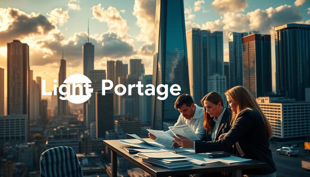 A bustling cityscape bathed in warm afternoon light, with towering skyscrapers and billowing clouds overhead. In the foreground, a group of professionals gathers around a table, poring over financial documents and charts, their expressions contemplative as they navigate the complexities of "inflation impact strategies". The scene is imbued with a sense of urgency and determination, as they explore ways to safeguard their financial future. In the background, the "Light Portage" logo stands as a symbol of their resilience and the guidance they seek in weathering the storm of economic uncertainty.