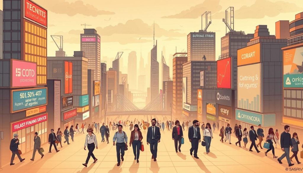A bustling cityscape depicting the modern employment landscape undergoing economic shifts. In the foreground, individuals navigate a labyrinth of high-rise office buildings, some adorned with neon signs and digital billboards showcasing the latest tech and financial services. In the middle ground, diverse workers in professional attire stride purposefully through the urban environment, reflecting the evolving nature of careers and the gig economy. In the background, a hazy skyline suggests an uncertain future, with clouds of change looming overhead. Warm, diffused lighting casts a contemplative atmosphere, inviting the viewer to ponder the challenges and opportunities facing today's workforce.