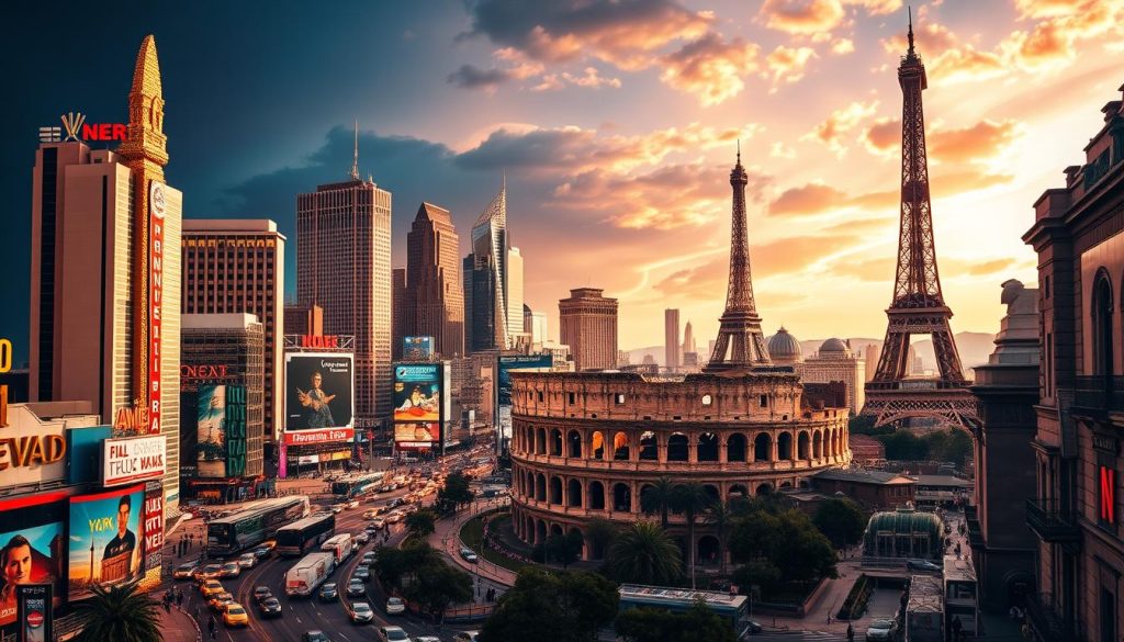 A bustling cityscape featuring iconic landmarks from Las Vegas, New York, and European cities, captured through the lens of the Umalis Group. In the foreground, the bright lights and neon signs of the Las Vegas Strip contrast with the towering skyscrapers of Manhattan. In the middle ground, the historic architecture of European venues, such as the Colosseum in Rome and the Eiffel Tower in Paris, stand in majestic splendor. The background is filled with a vibrant, cinematic atmosphere, with dramatic lighting casting dramatic shadows and hues across the scene. The overall composition evokes a sense of global connectivity, highlighting the diverse range of world-class event venues.