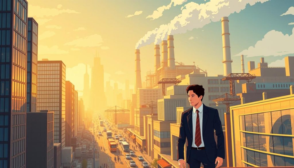 A bustling cityscape in warm, golden light, showcasing the dynamic interplay of modern industry and expertise. In the foreground, a network of high-rise office buildings, their sleek glass facades reflecting the vibrant activity within. In the middle ground, a bustling street scene, with professionals in tailored suits navigating the flow of commerce. In the background, a towering manufacturing plant, its smokestacks billowing with the steady pulse of productivity. The overall atmosphere conveys a sense of efficiency, innovation, and the seamless integration of specialized knowledge into the fabric of the modern market.