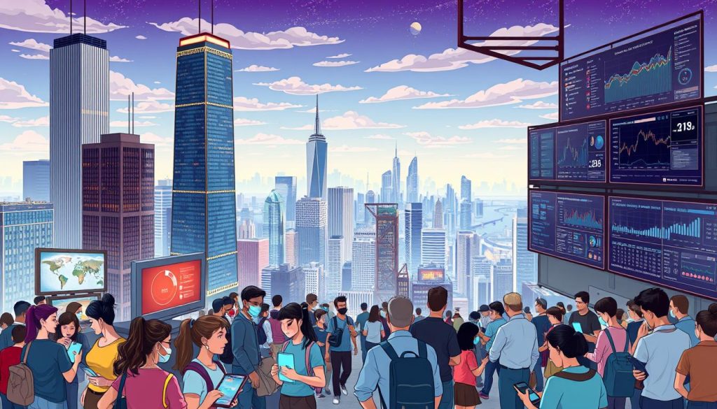 A bustling cityscape, its towering skyscrapers and gleaming infrastructure symbolizing the rapid technological advancements of the modern era. In the foreground, a diverse array of people - young and old, from various backgrounds - navigate the digital landscape, their devices and screens reflecting the profound impact of technology on daily life. In the middle ground, data visualizations and analytics panels showcase the shifting demographics and employment trends, underscoring the complex interplay between technology and the evolving workforce. The background features a panoramic view of the city, its skyline blending seamlessly with the boundless horizon, hinting at the expansive possibilities and challenges that lie ahead as the future unfolds.