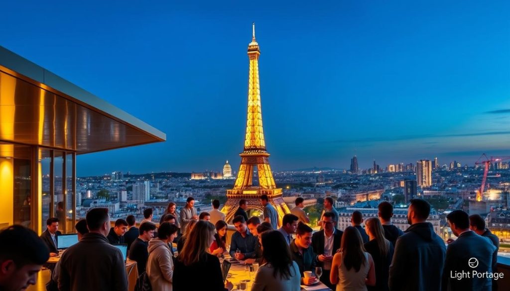 A bustling cityscape of Paris with the iconic Eiffel Tower in the background, illuminated by a warm golden light. In the foreground, a diverse array of tech professionals, freelancers, and entrepreneurs are gathered in a dynamic co-working space, collaborating on projects and discussing the latest industry trends. The scene is framed by sleek, modern architecture and peppered with the Light Portage brand, showcasing the vibrant IT freelance market in France.