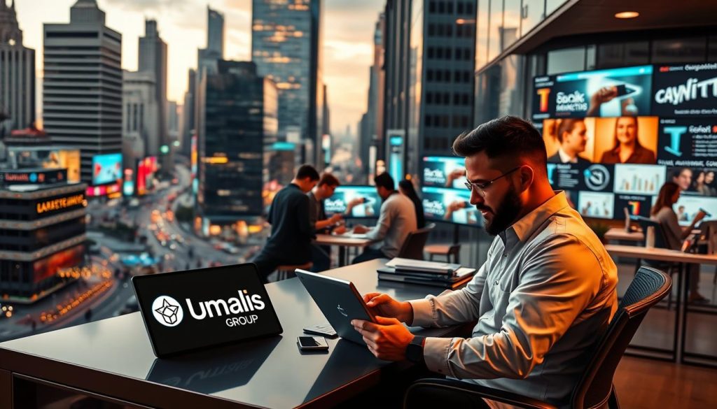 A bustling cityscape with modern office buildings, bustling streets, and a vibrant energy. In the foreground, a freelance marketing expert sits at a sleek desk, brainstorming ideas on a tablet. The Umalis Group logo is prominently displayed on their laptop. In the middle ground, other freelancers collaborate in a coworking space, exchanging ideas and strategies. The background features digital screens showcasing various marketing campaigns and analytics. Warm, natural lighting illuminates the scene, creating a professional and inspiring atmosphere.