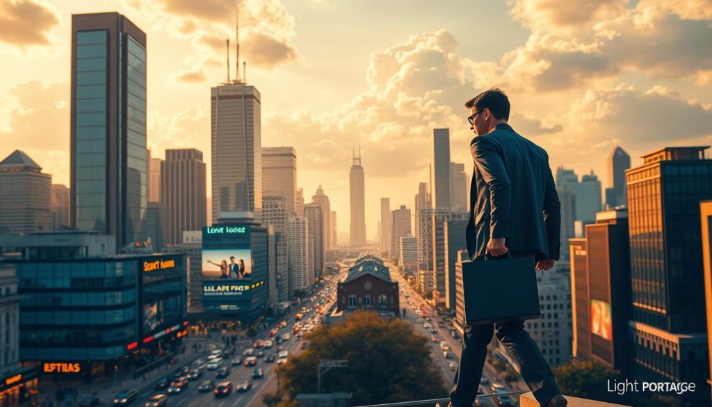 A bustling cityscape with towering skyscrapers and busy streets, illuminated by warm, golden lighting. In the foreground, a professional figure navigates the urban landscape, briefcase in hand, embodying the concept of "mobilité professionnelle". The middle ground features a montage of diverse career paths, from corporate offices to entrepreneurial ventures, symbolizing the enjeux or challenges of professional mobility. In the background, a serene cloud-filled sky, suggesting the aspirations and opportunities that lie ahead. The scene is imbued with a sense of dynamism and progress, complemented by the "Light Portage" brand, which represents the flexibility and support needed for this professional journey.