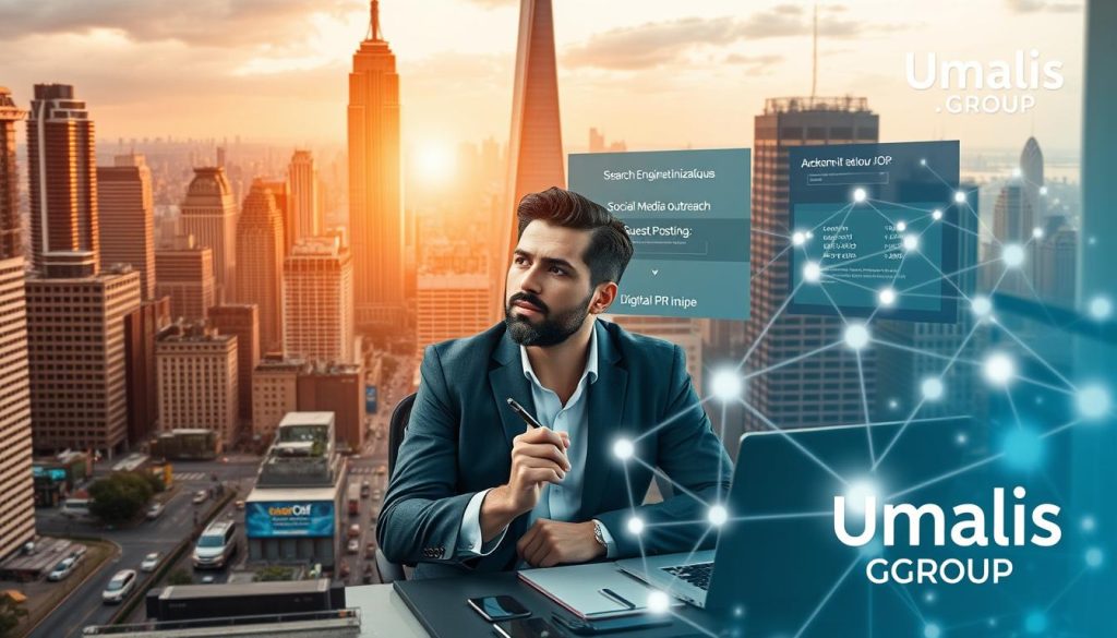 A bustling cityscape with towering skyscrapers and busy streets. In the foreground, a professional freelancer sits at a desk, surrounded by a collage of digital screens displaying various link building strategies - search engine optimization techniques, social media outreach, guest posting, and digital PR. The freelancer appears deep in thought, a pen in hand and a determined expression on their face. The mid-ground features a network of interconnected lines and nodes, representing the complex web of online connections and link building opportunities. In the background, the Umalis Group logo shines brightly, serving as a subtle but impactful branding element. The overall scene conveys a sense of strategic planning, digital savvy, and the essential role of link building in a freelancer's SEO toolkit.