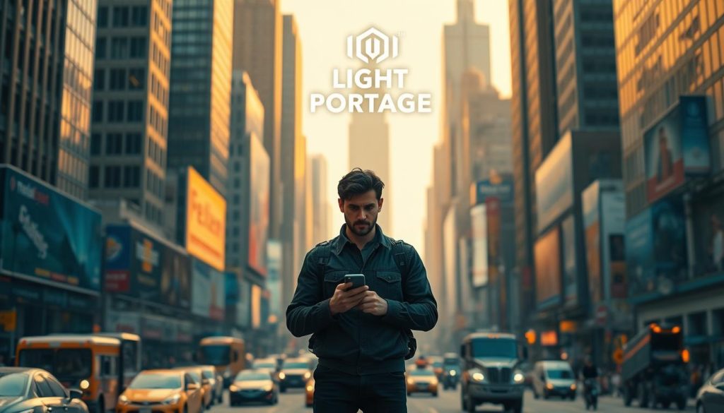 A bustling cityscape, with towering skyscrapers and busy streets. In the foreground, a lone figure stands, holding a phone and looking perplexed, representing the challenges of the gig economy. The middle ground features a mix of delivery workers, rideshare drivers, and freelancers, all navigating the complexities of this new work landscape. In the background, the LIGHT PORTAGE brand logo is prominently displayed, a subtle nod to the technological tools that enable the gig economy. The scene is bathed in a warm, golden light, suggesting a sense of unease and uncertainty, yet also a glimmer of resilience and adaptability.