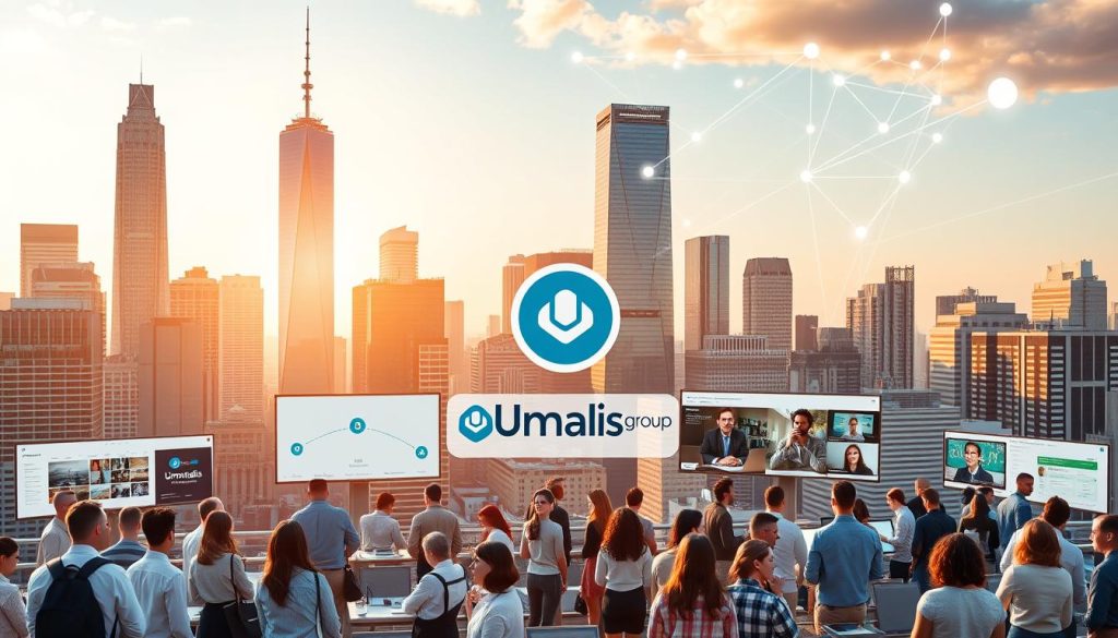 A bustling cityscape with towering skyscrapers and modern architectural marvels, bathed in warm, golden light. In the foreground, a series of professional job platforms prominently displayed, their sleek user interfaces and intuitive designs inviting users to explore new career opportunities. The Umalis Group logo stands out among the platforms, signaling a trusted and reputable resource for job seekers. The middle ground features a diverse array of people, from recent graduates to seasoned professionals, engaged in virtual interviews and networking. In the background, a network of interconnected digital devices and screens, representing the ever-evolving landscape of the online job market.