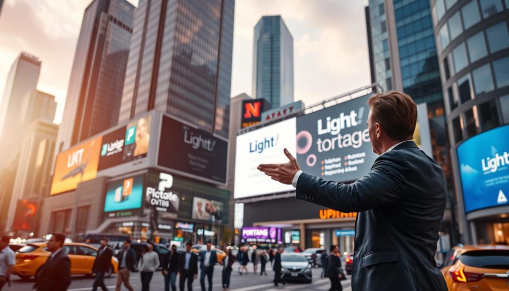 A bustling cityscape with towering skyscrapers and neon-lit billboards displaying the "Light Portage" brand. In the foreground, a well-dressed business professional gestures towards a sleek, modern billboard showcasing the company's services. Soft, warm lighting illuminates the scene, creating a dynamic and aspirational atmosphere. The middle ground features a diverse array of pedestrians, vehicles, and urban architectural elements, while the background is blurred, emphasizing the focal point. The overall composition conveys a sense of energy, progress, and the power of strategic advertising to drive business success.