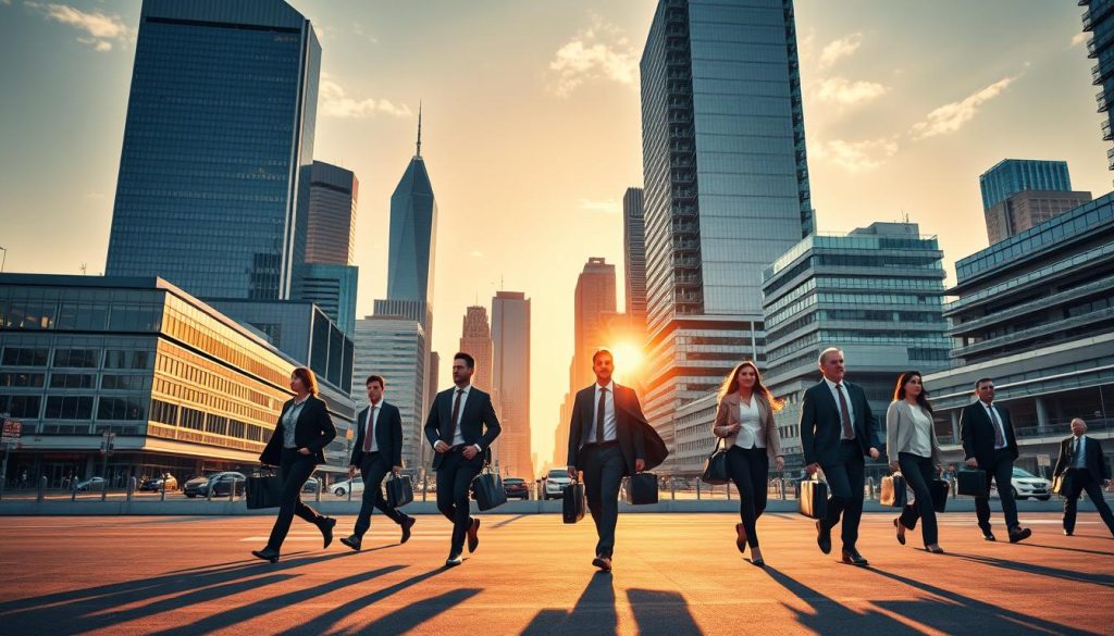 A bustling cityscape with towering skyscrapers in the background, casting long shadows on the streets below. In the foreground, young professionals stride purposefully, briefcases in hand, representing the dynamic and diverse workforce of the UMALIS GROUP. The midground features a mixture of modern office buildings and sleek, contemporary architecture, symbolizing the thriving business landscape. Warm, diffused lighting from the setting sun bathes the scene in a golden glow, conveying a sense of opportunity and growth. The overall atmosphere exudes a feeling of progress, innovation, and the promise of a prosperous future in the "secteurs porteurs" of the portage salarial industry.