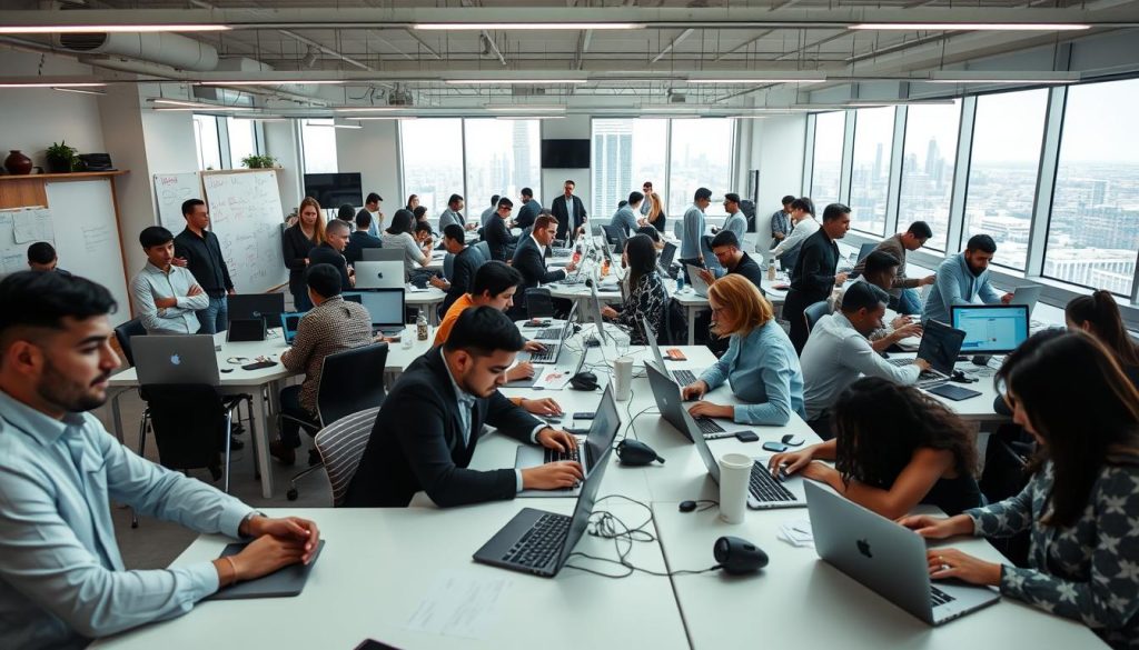 A bustling co-working space, filled with Umalis Group's freelance talent and event agency professionals, collaborating on innovative solutions. Bright, modern lighting illuminates a diverse array of desks, laptops, and whiteboards, creating an atmosphere of productivity and inspiration. In the foreground, a group discusses project plans, while in the middle ground, individuals type furiously, immersed in their tasks. The background reveals a panoramic view of the city skyline, hinting at the broader professional landscape in which these solutions for the event industry take shape.