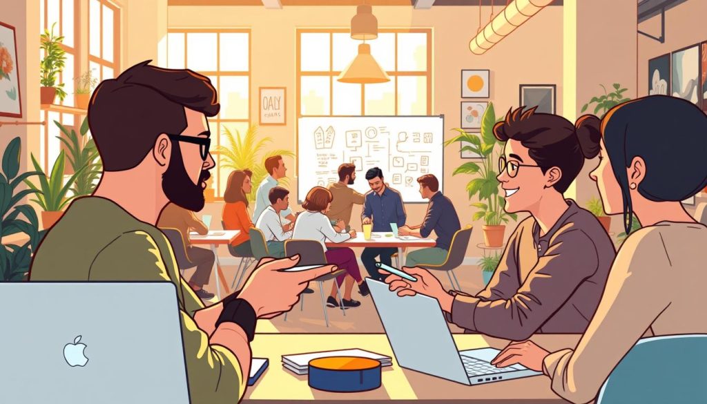 A bustling co-working space, filled with freelancers deeply engaged in conversation. Warm, natural lighting filters through large windows, casting a cozy glow. In the foreground, two freelancers are exchanging business cards, a laptop open between them as they discuss potential collaborations. In the middle ground, a group gathers around a table, brainstorming ideas and sketching on a shared whiteboard. The background features a mix of modern furniture, potted plants, and inspirational wall art, creating an atmosphere of creativity and productivity. The overall scene conveys the vibrant energy of a tight-knit freelance community, fostering meaningful connections and professional growth.