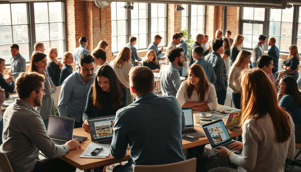 A bustling co-working space filled with independent freelancers engaged in animated discussions, networking, and strategizing. The room is bathed in warm, natural lighting from large windows, casting a soft glow on the scene. In the foreground, a group of professionals gathered around a table, laptops open, exchanging ideas. Across the room, others are engaged in one-on-one conversations, building connections. The overall atmosphere exudes a sense of collaboration and camaraderie, reflecting the strategic importance of this "Light Portage" networking event for independent workers.