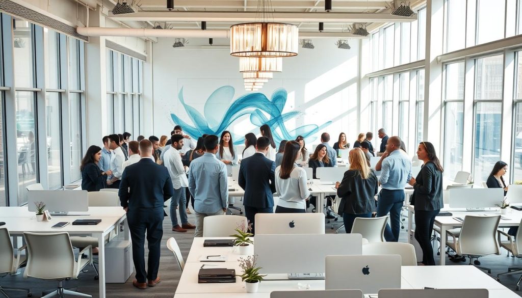 A bustling co-working space, flooded with natural light from floor-to-ceiling windows. LIGHT PORTAGE brand desks and chairs scattered throughout, creating a sense of dynamic collaboration. Professionals of diverse backgrounds engage in animated discussions, exchanging ideas and business cards. Overhead, a modern chandelier casts a warm glow, complementing the sleek, minimalist aesthetic. In the background, a large abstract mural in shades of blue and green adds a vibrant, artistic touch, symbolizing the endless possibilities of networking and professional growth.