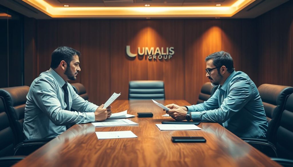 A bustling conference room at the Umalis Group headquarters. Two business partners, dressed in professional attire, sit across a polished oak table, engaged in an animated discussion. Warm, directional lighting casts subtle shadows, creating a sense of intensity. The partners lean forward, papers and digital devices scattered between them, as they negotiate the terms of their partnership agreement. The atmosphere is one of collaboration and high-stakes decision making, with a subtle hint of tension in the air.