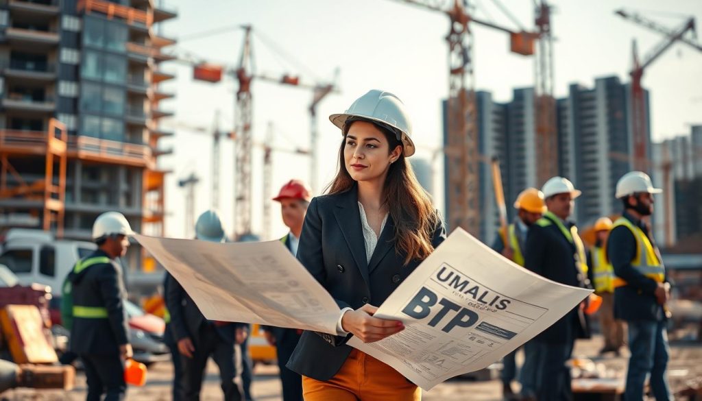 A bustling construction site symbolizing the "BTP" sector, featuring a group of diverse professionals in business attire collaborating on a project. In the foreground, a confident male and female engineer are examining blueprints while discussing plans. The middle ground includes cranes and workers wearing helmets, showcasing progress and teamwork. The background features a modern urban landscape with partially constructed buildings, representing the growth within the industry. Warm natural lighting illuminates the scene, hinting at a bright, productive day. The atmosphere is one of urgency and collaboration, conveying the strong demand for professionals in the BTP sector. The logo "UMALIS GROUP" is subtly integrated into equipment visible in the background, adding a branding element without dominating the scene.
