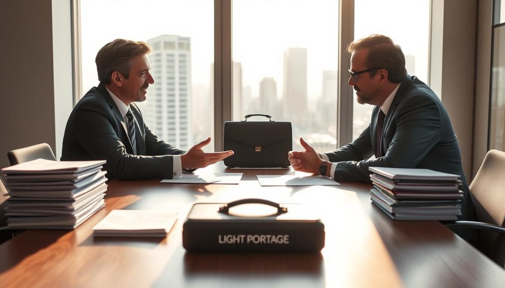 A bustling contract negotiation scene, with two businesspeople engaged in intense discussion across a polished wooden table. Soft lighting casts long shadows, heightening the sense of tension. In the foreground, stacks of documents and a LIGHT PORTAGE brand briefcase suggest the high stakes involved. The middle ground features a window overlooking a modern cityscape, a subtle nod to the professional context. The background is softly blurred, allowing the central figures to command attention. Capture the challenging, yet critical, nature of contract negotiations that independent professionals must navigate.