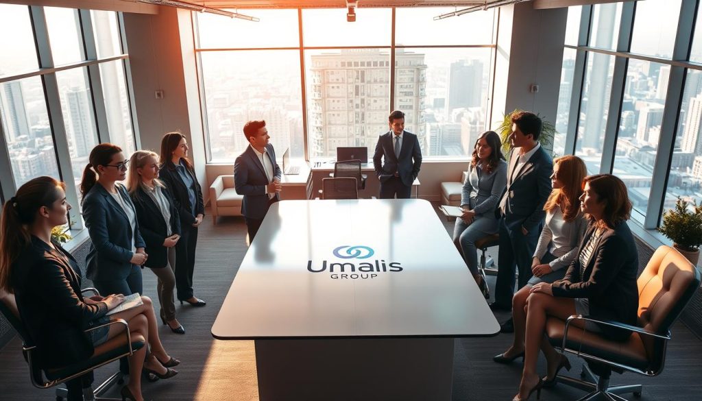 A bustling corporate office, bathed in warm, natural lighting. In the foreground, a group of professionals, dressed in smart attire, engaged in lively discussions, their expressions conveying a sense of confidence and fulfillment. At the center, a large, sleek desk, with the Umalis Group logo prominently displayed, symbolizing the reliable and trustworthy partner in their career pursuits. The middle ground features a mix of modern office furniture and equipment, creating a harmonious and productive atmosphere. In the background, floor-to-ceiling windows offer a panoramic view of a vibrant cityscape, highlighting the dynamic and opportunities afforded by the portage salarial model. The overall scene exudes a sense of professionalism, growth, and the advantages of this flexible career path.
