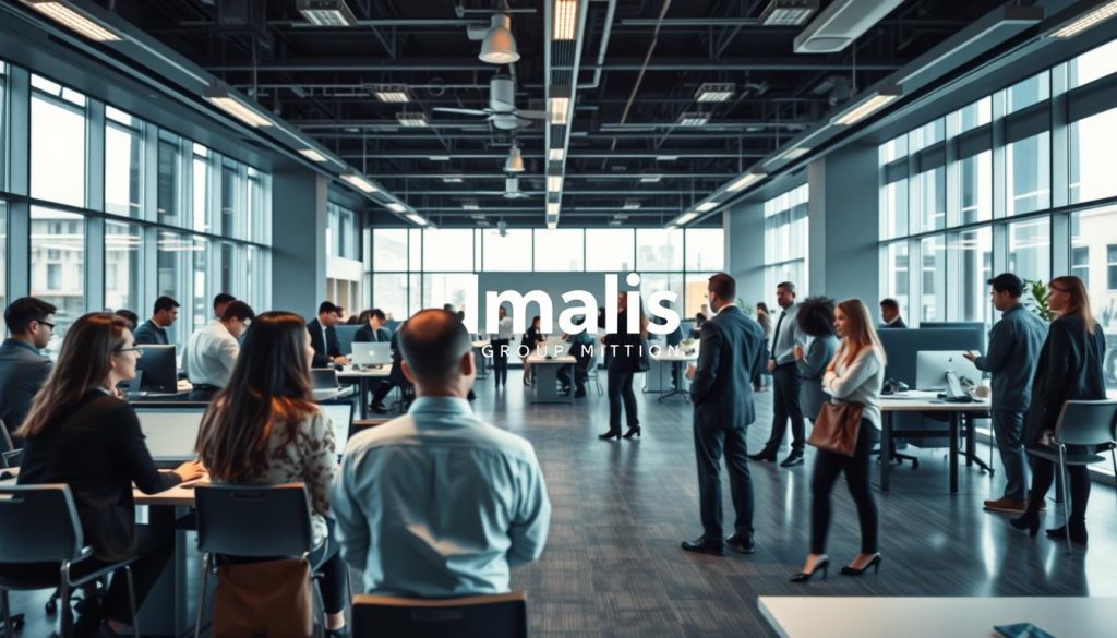 A bustling corporate office scene with the Umalis Group logo prominently displayed. In the foreground, a group of professionals engaged in animated discussion, highlighting the benefits and advantages of the "portage salarial" concept. The middle ground features a blend of modern workstations, conference tables, and collaborative spaces, creating an atmosphere of productive synergy. The background showcases a sleek, well-lit interior with large windows, flooding the space with natural light and a sense of openness. The overall tone conveys a professional, dynamic, and forward-thinking environment, reflecting the subject's focus on understanding the key aspects and advantages of the "portage salarial" certification. A bustling corporate office scene with the Umalis Group logo prominently displayed. In the foreground, a group of professionals engaged in animated discussion, highlighting the benefits and advantages of the "portage salarial" concept. The middle ground features a blend of modern workstations, conference tables, and collaborative spaces, creating an atmosphere of productive synergy. The background showcases a sleek, well-lit interior with large windows, flooding the space with natural light and a sense of openness. The overall tone conveys a professional, dynamic, and forward-thinking environment, reflecting the subject's focus on understanding the key aspects and advantages of the "portage salarial" certification.
