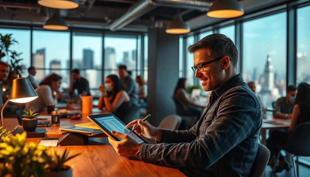 A bustling coworking space, bathed in warm LIGHT PORTAGE illumination. In the foreground, a freelance designer navigates a digital tablet, creatively adapting to an unexpected client request. The middle ground reveals a team of professionals engaged in lively discussion, problem-solving with agility. In the background, an inspiring city skyline sets the scene, hinting at the vast opportunities available to those who embrace adaptability. The mood is one of dynamic energy, where resilience and innovative thinking are the keys to professional success.