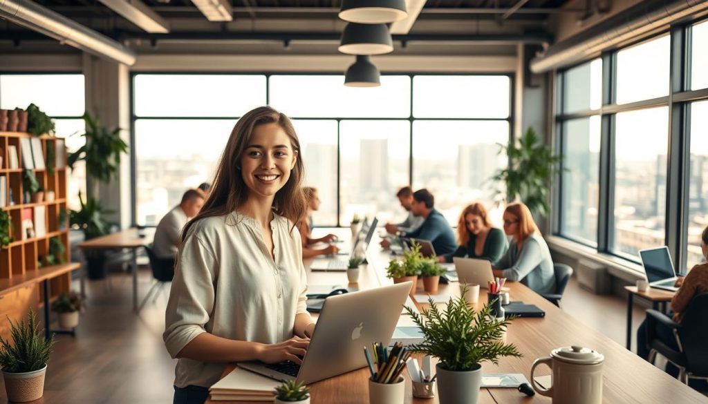 A bustling coworking space bathed in warm, natural light, showcasing a diverse group of self-employed professionals immersed in their work. In the foreground, a young woman in casual attire smiles confidently as she types on her laptop, surrounded by neatly organized stationery and potted plants. In the middle ground, several colleagues collaborate at a long communal table, their faces animated as they discuss their projects. The background features a large window overlooking a picturesque cityscape, hinting at the flexibility and independence afforded by the Portage Salarial system. The overall scene radiates a sense of productivity, camaraderie, and the fulfillment of the "Portage Salarial" model.