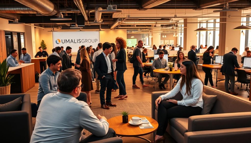 A bustling coworking space belonging to the Umalis Group, filled with professionals collaborating and networking. Warm lighting casts a welcoming glow, while sleek furniture and modern decor create an atmosphere of innovation and productivity. In the foreground, a group of colleagues discuss strategy over coffee, their animated expressions conveying the energy of the community. The middle ground features a reception area with the Umalis Group branding prominently displayed, welcoming visitors to this hub of entrepreneurial activity. The background reveals an open floor plan with dedicated workspaces, meeting rooms, and breakout areas, all designed to foster the growth and success of the "société portage" and its members.