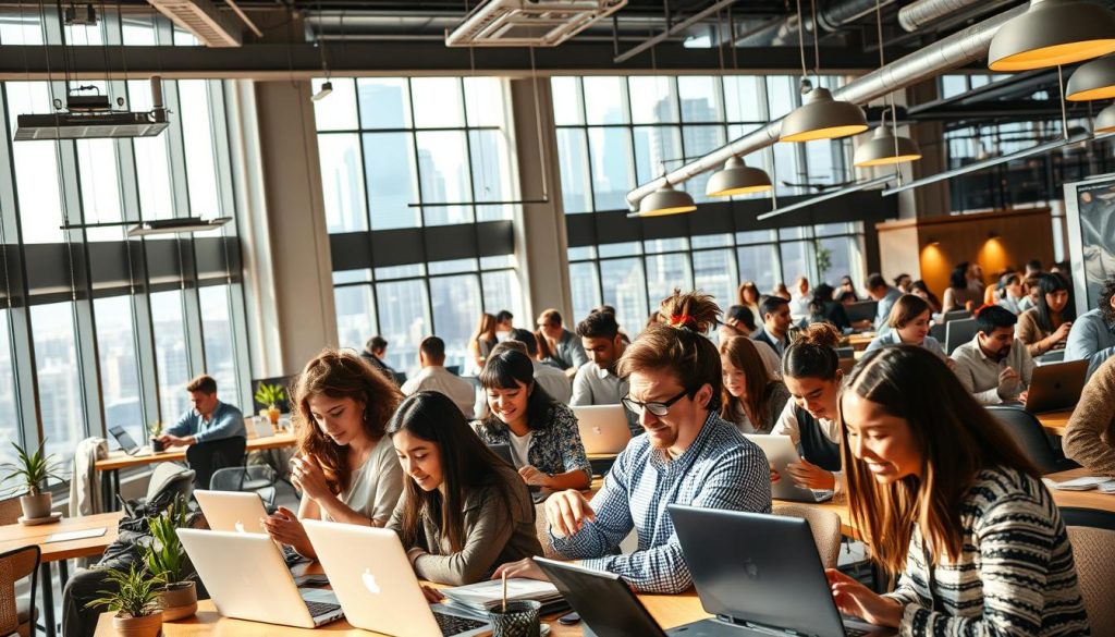 A bustling coworking space filled with freelancers and independent professionals, bathed in warm, natural lighting. The foreground features diverse workers collaborating on laptops and tablets, their focused expressions conveying a sense of productivity and satisfaction. In the middle ground, a mix of private workstations and communal areas encourage interaction and idea-sharing. The background showcases an open, airy layout with tall windows overlooking a vibrant city skyline, hinting at the flexibility and opportunities of the "portage salarial" model. The overall atmosphere exudes a professional, yet relaxed and empowered tone, capturing the thriving nature of this freelance-friendly work environment.