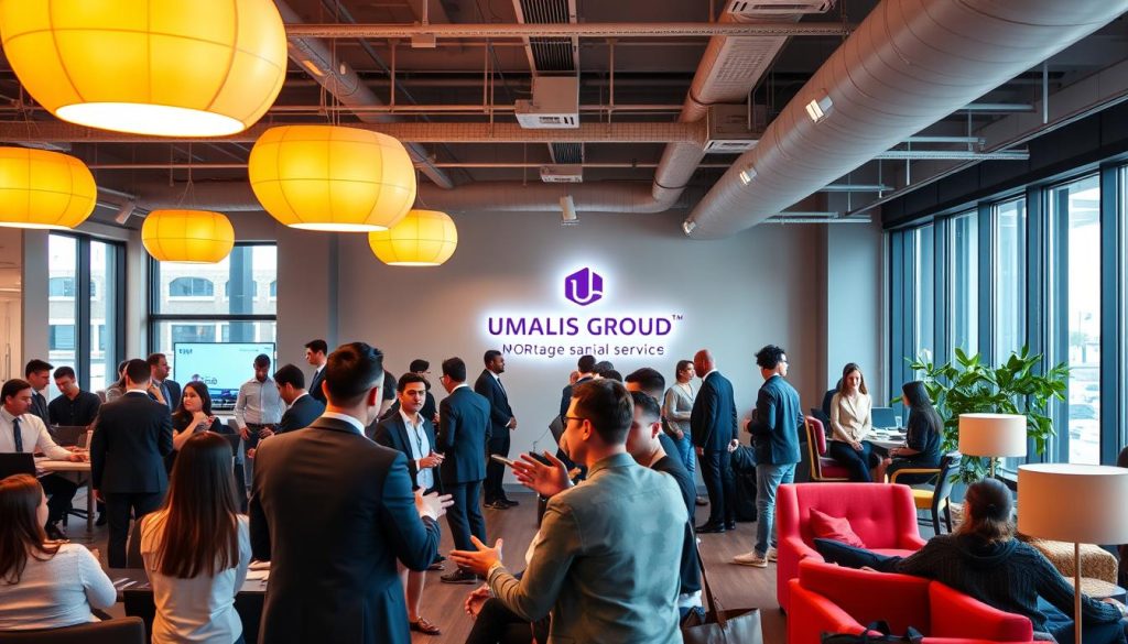 A bustling coworking space filled with professionals collaborating at standing desks and lounging in comfortable armchairs. Warm pendant lighting creates a focused ambiance, while large windows allow natural light to filter in. In the foreground, a group of well-dressed individuals engage in lively discussion, gesturing animatedly. Across the room, a Umalis Group logo is prominently displayed on the wall, indicating this is a networking event for their portage salarial services. The scene conveys a productive, energetic atmosphere conducive to effective local prospection. A bustling coworking space filled with professionals collaborating at standing desks and lounging in comfortable armchairs. Warm pendant lighting creates a focused ambiance, while large windows allow natural light to filter in. In the foreground, a group of well-dressed individuals engage in lively discussion, gesturing animatedly. Across the room, a Umalis Group logo is prominently displayed on the wall, indicating this is a networking event for their portage salarial services. The scene conveys a productive, energetic atmosphere conducive to effective local prospection.