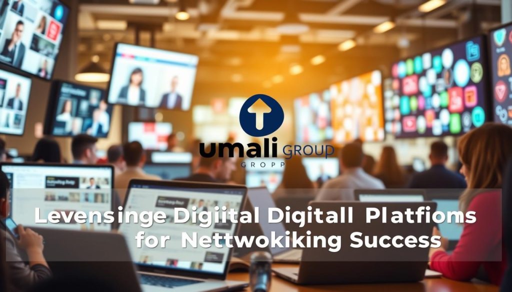 A bustling digital landscape of connected devices, sleek laptop screens, and scrolling social media feeds. In the foreground, a professional avatar engages in lively online discussions, their virtual presence radiating confidence and connectivity. The mid-ground features a stylized Umalis Group logo, reflecting the brand's role in empowering independent professionals to thrive in the digital networking realm. The background showcases a vibrant array of neon-tinged icons, symbolic of the endless networking opportunities available at one's fingertips. Warm, diffused lighting casts a sense of approachability and dynamism, while a subtle depth of field emphasizes the focal points. Altogether, a visually compelling representation of "Leveraging Digital Platforms for Networking Success".