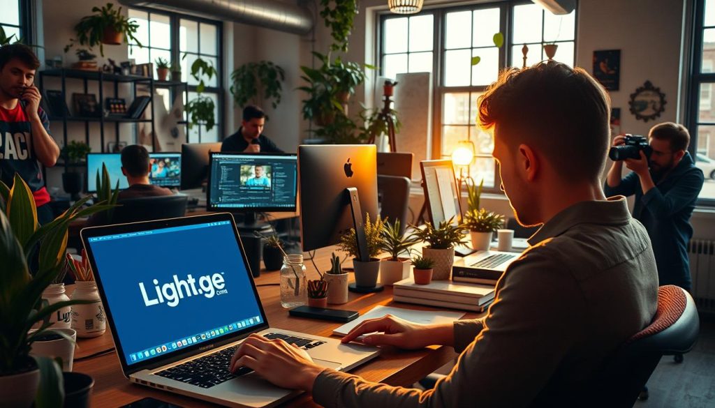 A bustling digital workspace filled with creative freelancers at work. In the foreground, a designer meticulously crafts a modern logo for the "Light Portage" brand on a sleek laptop, fingers dancing across the keyboard. In the middle ground, a videographer reviews footage on a high-resolution monitor, while a web developer codes away on a dual-screen setup. In the background, a photographer adjusts the lighting on their latest product shoot, their camera poised to capture the perfect shot. The space is illuminated by soft, natural light streaming through large windows, creating a warm, productive atmosphere. Scattered throughout are plants, colorful decor, and personal mementos, reflecting the individuality and passion of these digital creatives.
